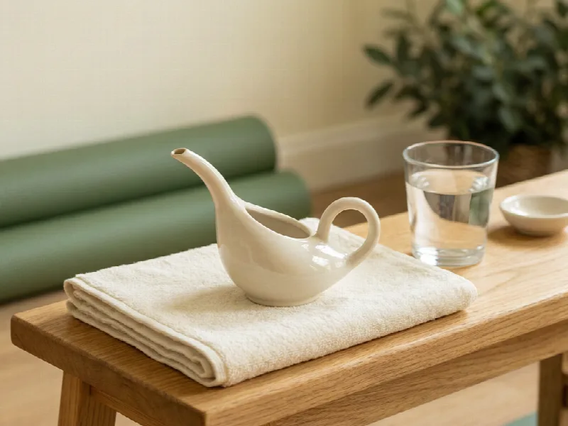Ceramic jal neti pot and folded towel beside a glass of water