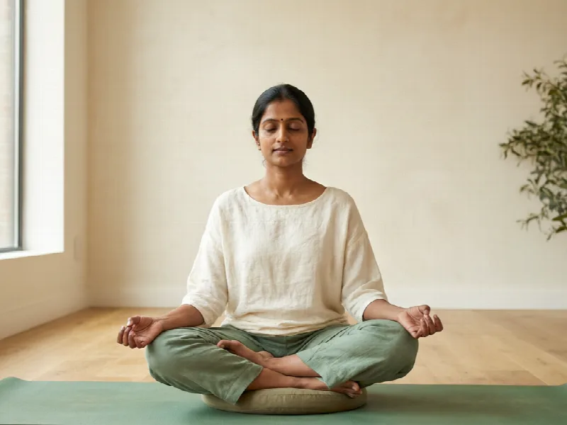 Woman seated cross-legged on a meditation cushion with eyes gently closed