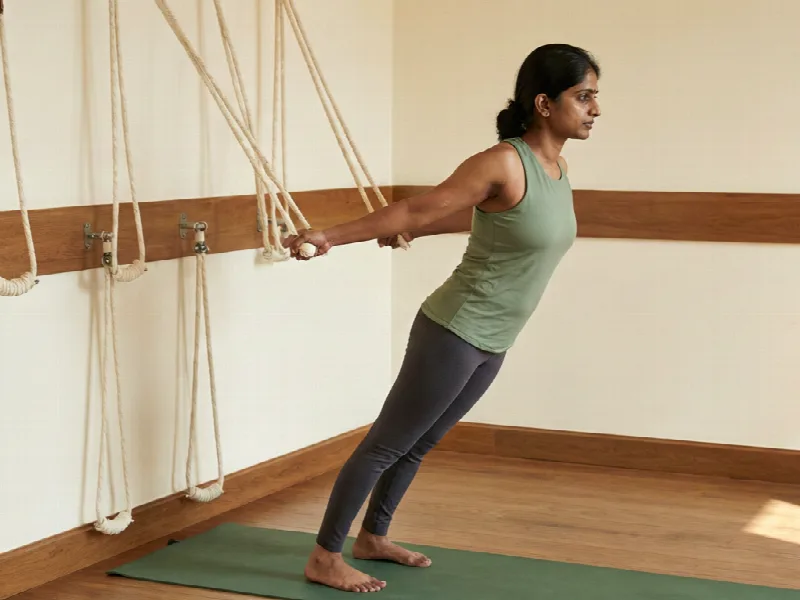 Yoga practitioner using wall-mounted ropes for a supported standing stretch