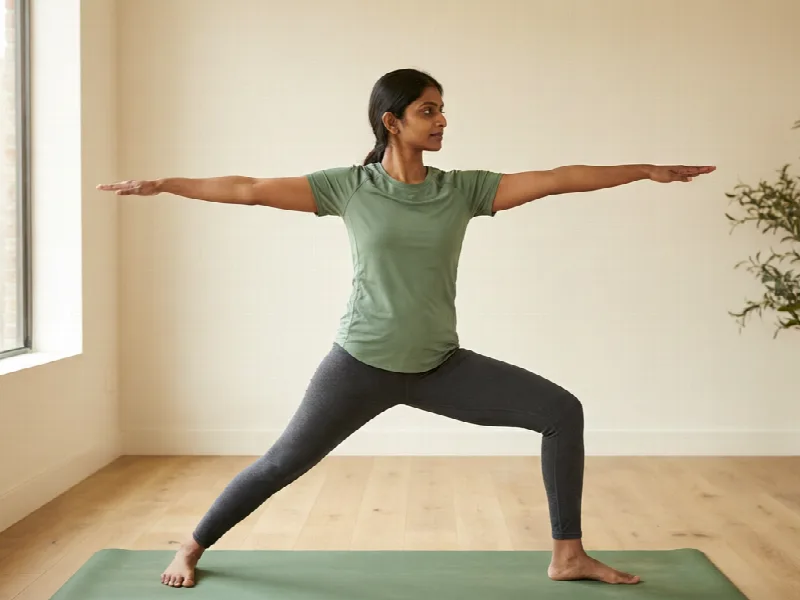Yoga practitioner holding Warrior II on a mat in a sunlit studio