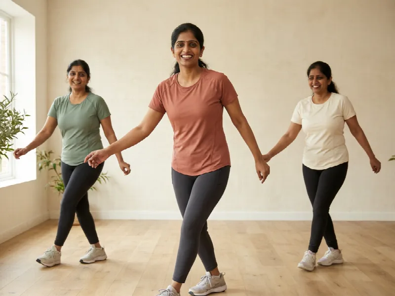 Three women enjoying a dance fitness session in a bright studio